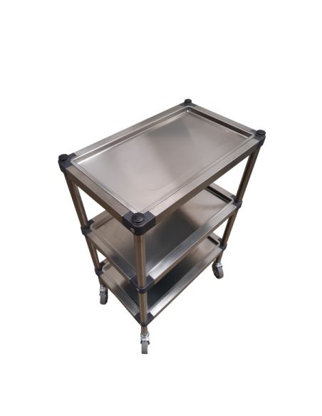 Stainless steel Mobile trolley 3 removable trays for care 48x30x78cm