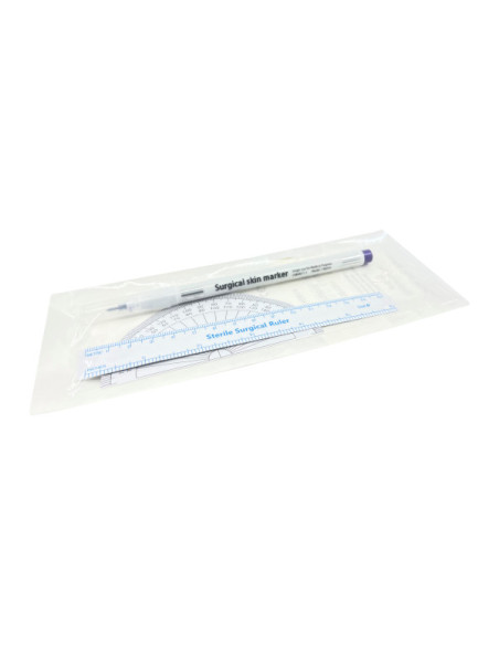 Sterile R skin marker with ruler and protractor for CT or MRI
