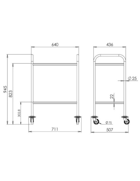 Stainless steel medical trolley 18/10 600x430mm-2 stamped trays Without guard rails, delivered unassembled