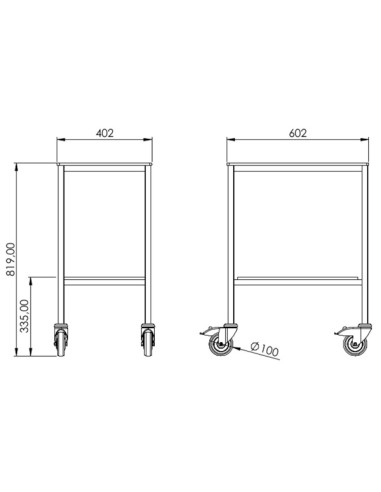 Welded table smooth top 2 trays - trays size: 600 x 400 mm Rounded corner - Antistatic wheels Ø100mm+PC Welded table smooth top 2 trays - trays size: 600 x 400 mm Rounded corner - Antistatic wheels Ø100mm+PC