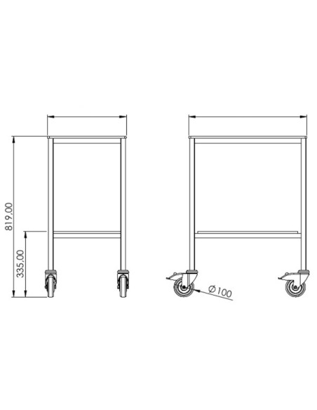 Welded table smooth top 2 trays - trays size: 750 x 500 mm Rounded corner - Antistatic wheels Ø100mm+PC