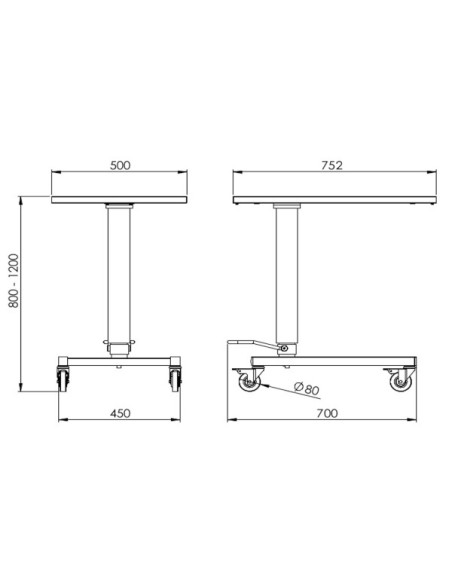 Hydraulic Mayo table with 750x500mm flat tray 4 antistatic wheels including 2 braked wheels