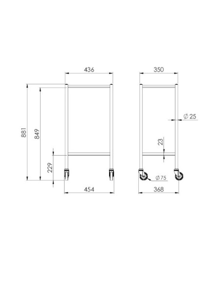 2 trays trolley for monitor L. 400 x 325mm, ARGON welded raised rim shelves