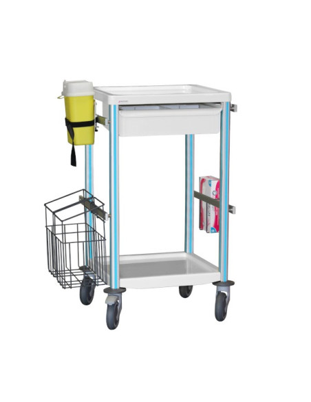 Medical trolley Agily 400x400 1 tray H.115+glove hold,needle-blue pop needle collect,1 double mobile bin, 4 standard rails