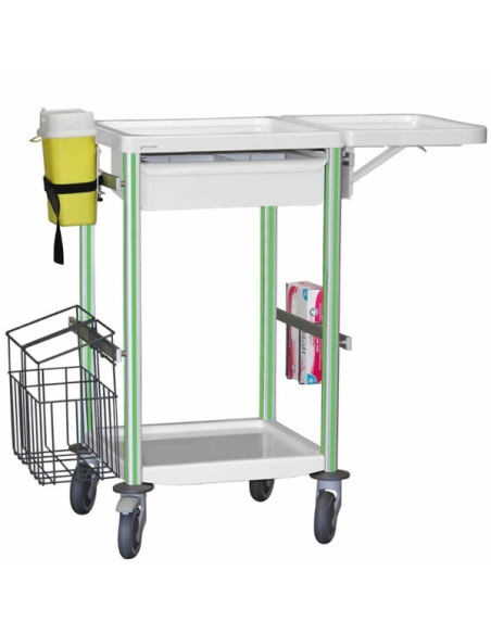 Medical trolleyAgily 400x400 1trayH.115+glove hold,fold.tab-applegree needle collect,1 double mobile bin, 4 standard rails