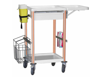 Medical trolley Agily 400x400 1trayH.115+glove hold,fold.tab-orange needle collect,1 double mobile bin, 4 standard rails
