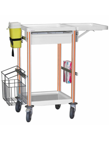 Medical trolley Agily 400x400 1trayH.115+glove hold,fold.tab-orange needle collect,1 double mobile bin, 4 standard rails