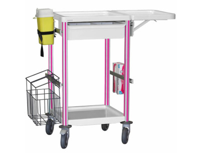 Medical trolley Agily 400x400 1trayH.115+glove hold,fold.tab-fuchsia needle collect,1 double mobile bin, 4 standard rails