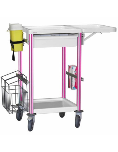 Medical trolley Agily 400x400 1trayH.115+glove hold,fold.tab-fuchsia needle collect,1 double mobile bin, 4 standard rails