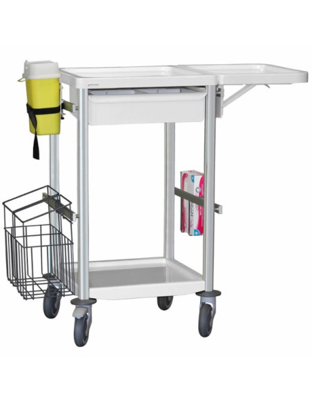 Medical trolley Agily 400x400 1trayH.115+glove hold,fold.tab-pearlgra needle collect,1 double mobile bin, 4 standard rails