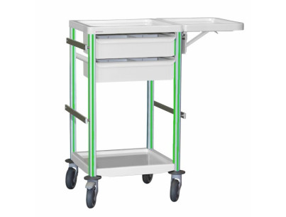 Medical trolley Agily 400x400 2 trays H.115+folding shelf-green apple 4 standard rails, bin with slides