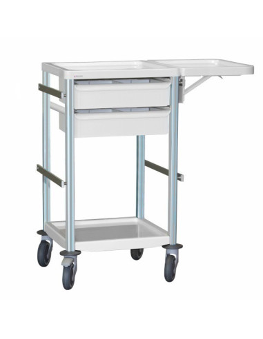 Medical trolley Agily 400x400 2 trays H.115+folding shelf -pearl gray 4 standard rails, bin with slides