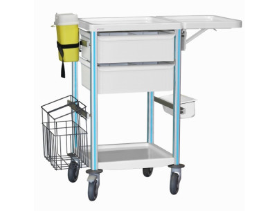 Medical trolley Agily 400x400 2 trays H.115+fold.shelf+stora-blue pop needle collect, double mobile trash, 4 standard rails