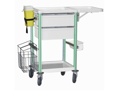 Medical trolley Agily 400x400 2 trays H.115+fold.shelf+stora-applegre needle collect, double mobile trash, 4 standard rails
