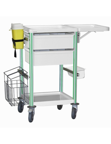 Medical trolley Agily 400x400 2 trays H.115+fold.shelf+stora-applegre needle collect, double mobile trash, 4 standard rails