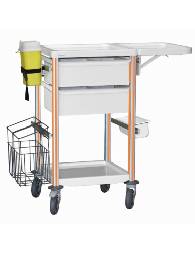 Medical trolley Agily 400x400 2 trays H.115+fold.shelf+stora-orange needle collect, double mobile trash, 4 standard rails