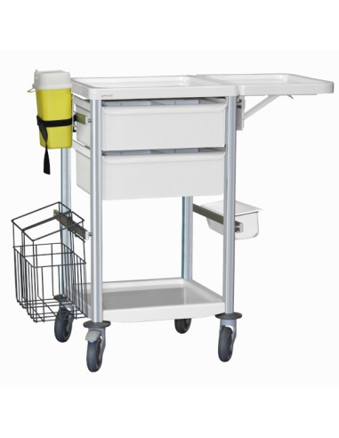 Medical trolley Agily 400x400 2 trays H.115+fold.shelf+stora-pearlgra needle collect, double mobile trash, 4 standard rails