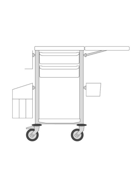 Medical trolley Agily 400x400 2 trays H.115+fold.shelf+stora-pearlgra needle collect, double mobile trash, 4 standard rails