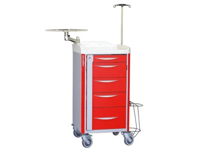Neop 400x400 emergency equipped trolley 5 telescopic drawers col. red, support for:cardiac massage,monitoring, oxygene bottle