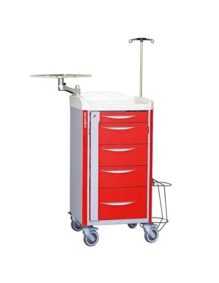 Neop 400x400 emergency equipped trolley 5 telescopic drawers col. red, support for:cardiac massage,monitoring, oxygene bottle