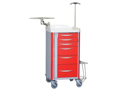Neop 400x400 emergency equipped trolley 6 telescopic drawers col. red, support for:cardiac massage,monitoring, oxygene bottle