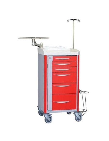 Neop 400x400 emergency equipped trolley 6 telescopic drawers col. red, support for:cardiac massage,monitoring, oxygene bottle