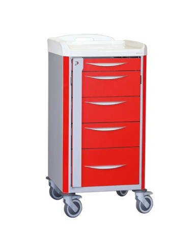 Neop 400x400 emergency basic trolley 5 telescopic drawers red color, support and board for cardiac massage