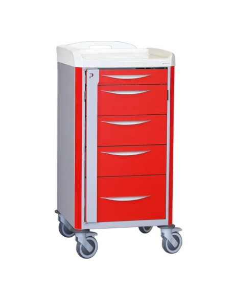 Chariot d'urgence de base NEOP 400x400 H100 5 tiroirs télescopiques couleur rouge, support et planche de massage cardiaque