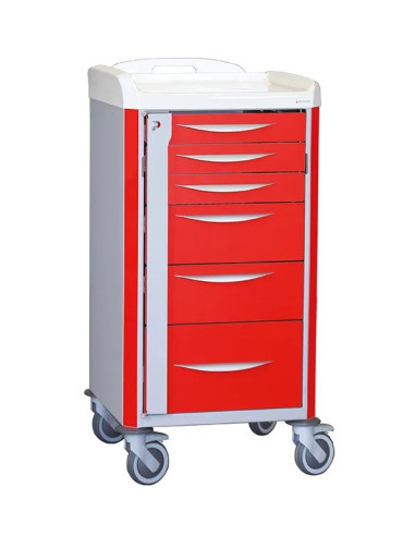 Neop 400x400 emergency basic trolley 6 telescopic drawers red color, support and board for cardiac massage