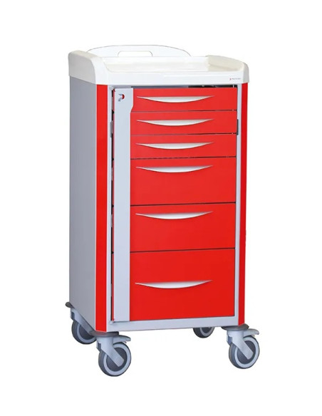 Chariot d'urgence de base NEOP 400x400 H100 6 tiroirs télescopiques couleur rouge, support et planche de massage cardiaque