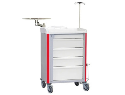 Neop 600x400 emergency equipped trolley 5 attached drawers red color, support and board for cardiac massage, monitoring support