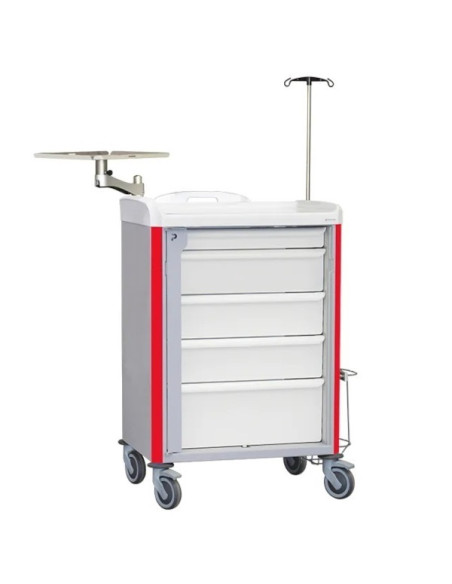 Neop 600x400 emergency equipped trolley 5 attached drawers red color, support and board for cardiac massage, monitoring support