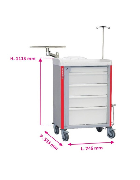 Neop 600x400 emergency equipped trolley 5 attached drawers red color, support and board for cardiac massage, monitoring support