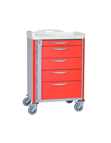 Neop 600x400 H100 emergency basic trolley 5 telescopic drawers red color, support and board for cardiac massage