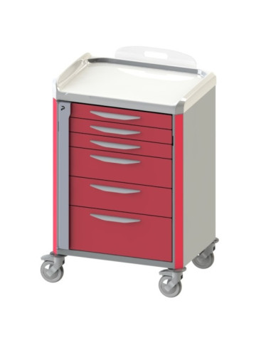 Chariot d'urgence de base NEOP 600x400 H100 6 tiroirs télescopiques couleur rouge, support et planche de massage cardiaque