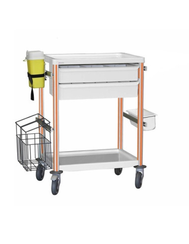 Medical trolley Agily 600x400 2trays H.115+bin+needle col.+stor-orang 4 standard rails, bin with slides