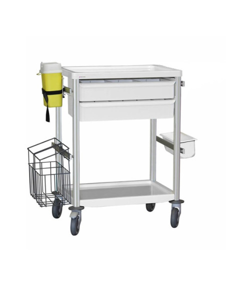 Medical trolley Agily 600x400 2trays H.115+bin+needle col.+stor-grey 4 standard rails, bin with slides