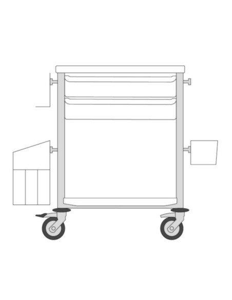 Guéridon Agily 600x400: 2 bacs H.115+poubelle+rang.+recu.aig-gris per 4 rails normalisés, bac avec glissières