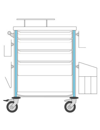 Medical trolley Agily 600x400 4trays H.75/115/155+bin+needl coll-blue file+glove box support,4 std rails, bin with slides+handle