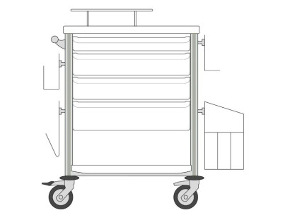 Medical trolley Agily 600x400 4trays H.75/115/155+bin+needlcoll-grey file+glove box support,4 std rails, bin with slides+handle
