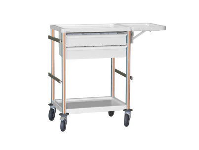 Medical trolley Agily 600x400 2 trays H.115 + folding tablet-orange 4 standard rails, bin with slides