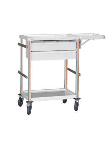 Medical trolley Agily 600x400 2 trays H.115 + folding tablet-orange 4 standard rails, bin with slides