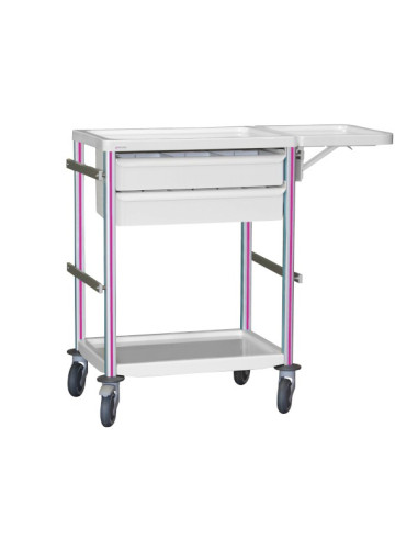 Guéridon Agily 600x400: 2 bacs H.115+tablette rabattable-fuchsia 4 rails normalisés, bac avec glissières