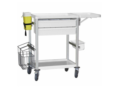 Medical trolley Agily 600x400 2traysH.115+folding tabl+bin+stor-grey needle collector, 4 standard rails, bin with slides