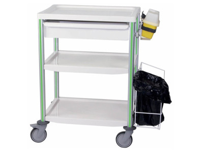 Medical trolley Agily 600x400 3 plates,1 tray H.115+bin-apple green needle collector, 2 standard rails, bin with slides