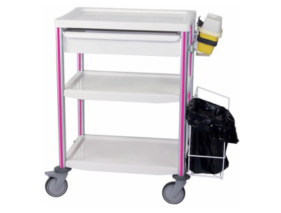 Medical trolley Agily 600x400 3 plates,1 tray H.115+bin - fuchsia needle collector, 2 standard rails, bin with slides