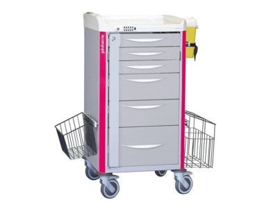 Neop 400x400 nursing trolley+telescopic drawers 3s/2m/1b-magenta pink teles. drawers: 3H80-2H160-1H240, code lock, trash, basket