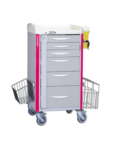 Neop 400x400 nursing trolley+telescopic drawers 3s/2m/1b-magenta pink teles. drawers: 3H80-2H160-1H240, code lock, trash, basket