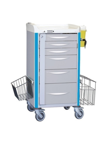 Neop 400x400 nursing trolley+telescopic drawers 3s/2m/1b-sky blue teles. drawers: 3H80-2H160-1H240, code lock, 1 trash, 1 basket