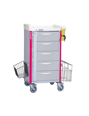 Neop 400x400 nursing trolley 5 telescopic drawers H160-magenta pink code lock, 1 trash, 1 basket, 1 needle collector holder